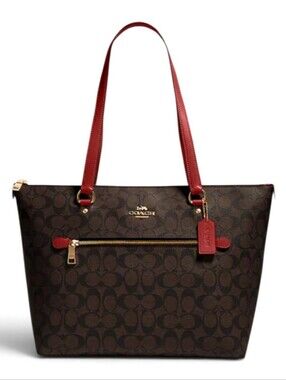 Coach Signature Tote in Brown with Red Trim
